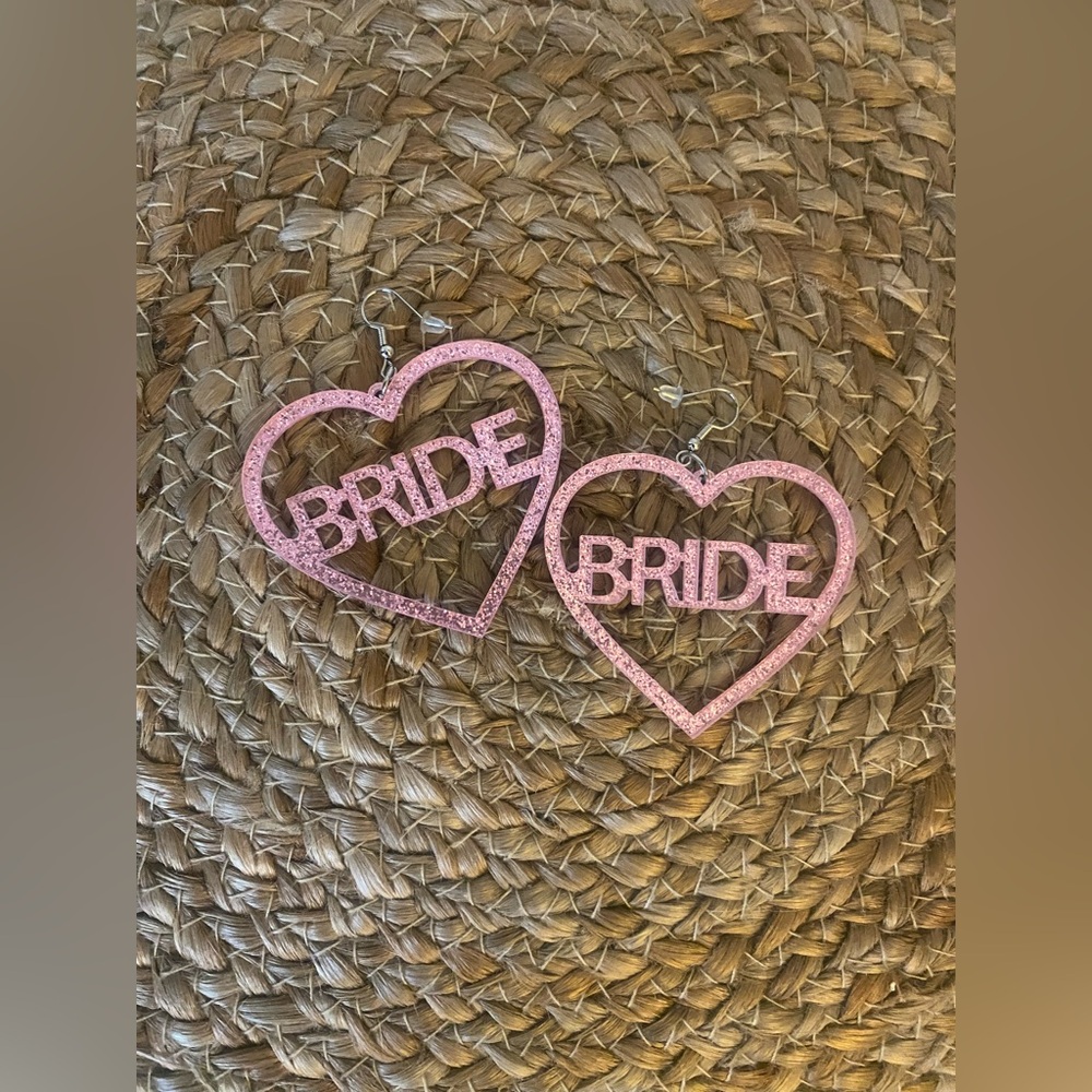 Bride Pink Glitter Heart Dangle Earrings Bridal Shower Bachelorette Party